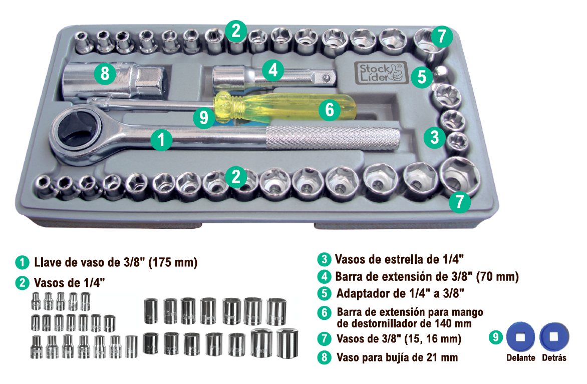 Maletín con llaves de vaso y accesorios