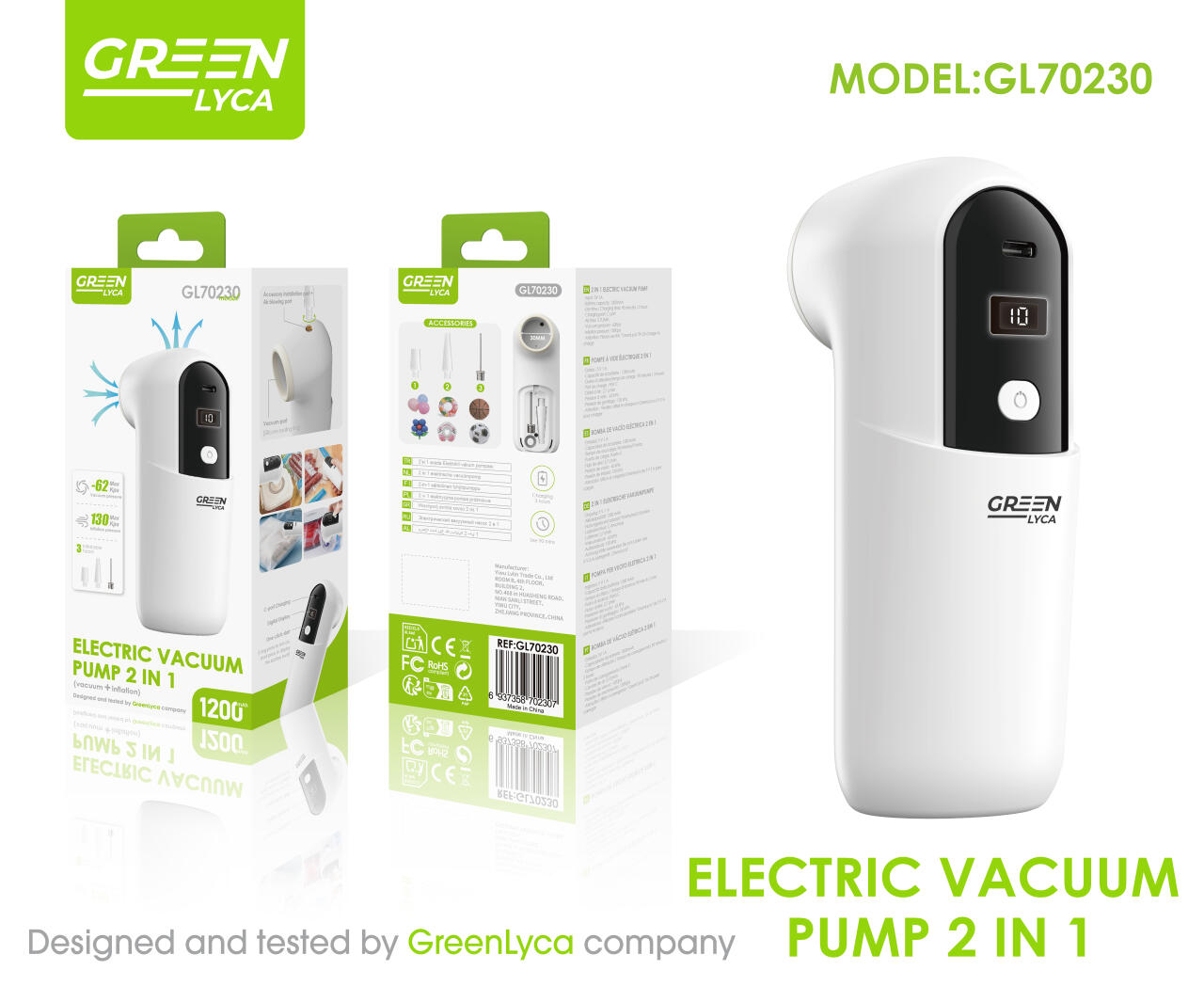 Mini Bomba de Vacío Eléctrica Inteligente Inalámbrica – Succión -62 kPa, Inflado 130 kPa, 3 Boquillas